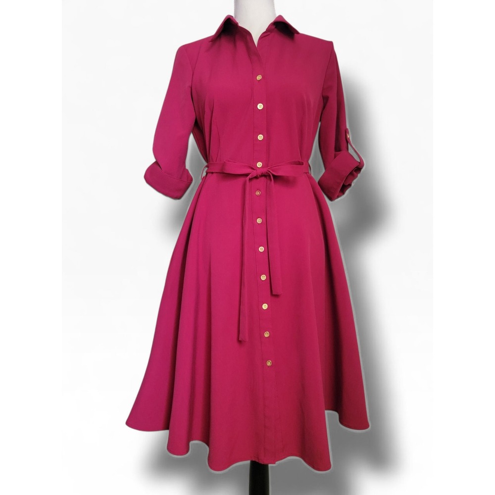 Sharagano Red Button Front Roll Tab Sleeve Collared Fit Flare Shirtdress 10P